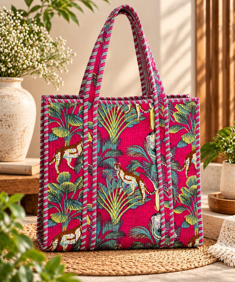 Dark Pink Jungle Cheetah Quilted Cotton Tote Bag
