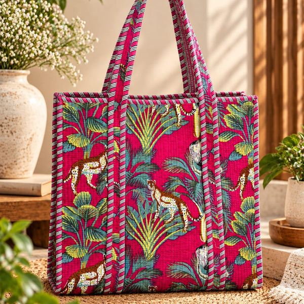 Dark Pink Jungle Cheetah Quilted Cotton Tote Bag