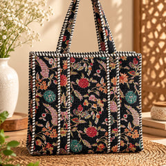 Black Floral Quilted Cotton Tote Bag