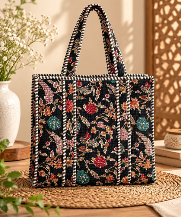 Black Floral Quilted Cotton Tote Bag