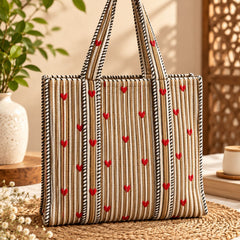 Mustard Heart Stripe Quilted Cotton Tote Bag