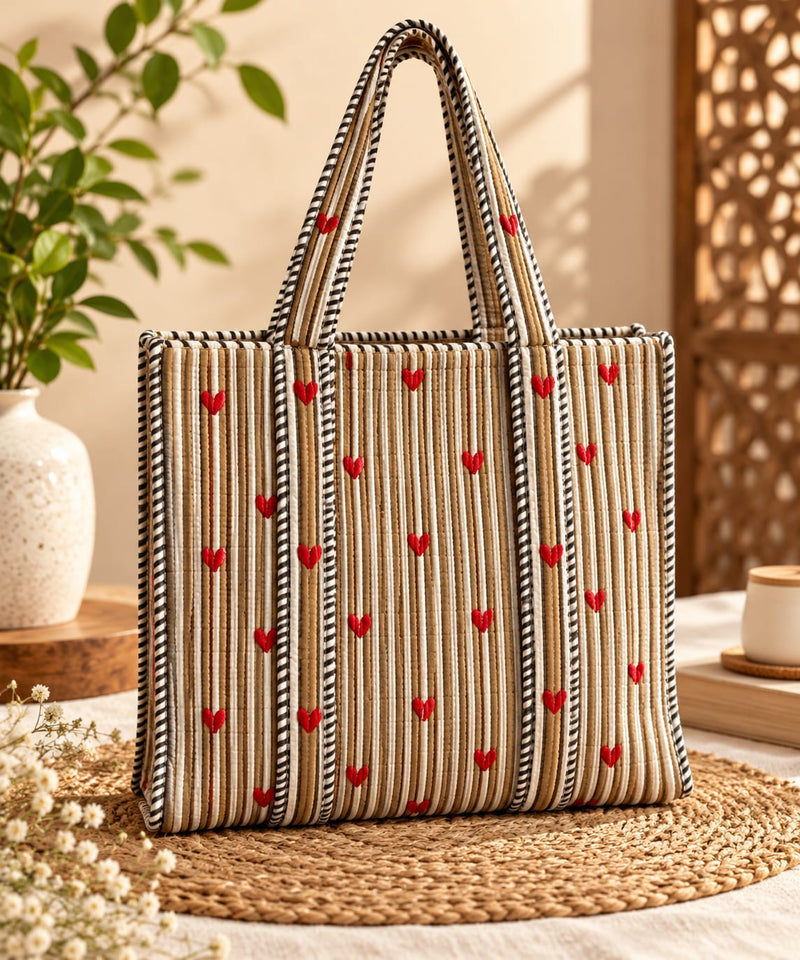 Mustard Heart Stripe Quilted Cotton Tote Bag