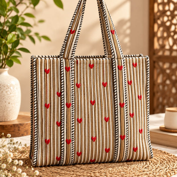 Mustard Heart Stripe Quilted Cotton Tote Bag