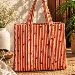 Red Heart Stripe Quilted Cotton Tote Bag
