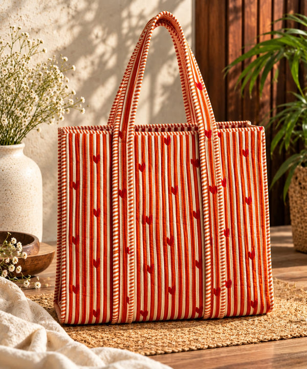Red Heart Stripe Quilted Cotton Tote Bag
