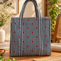 Navy Blue Heart Stripe Quilted Cotton Tote Bag