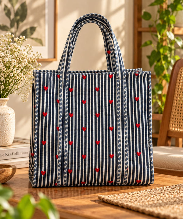 Navy Blue Heart Stripe Quilted Cotton Tote Bag