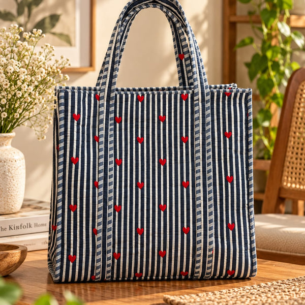 Navy Blue Heart Stripe Quilted Cotton Tote Bag